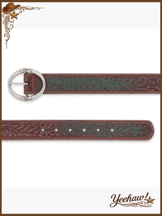 Vintage Western Style Leather Belt with Rhinestone Ring Buckle main image 3